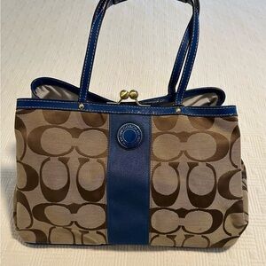 Coach Tan and Blue Signature Shoulder Bag